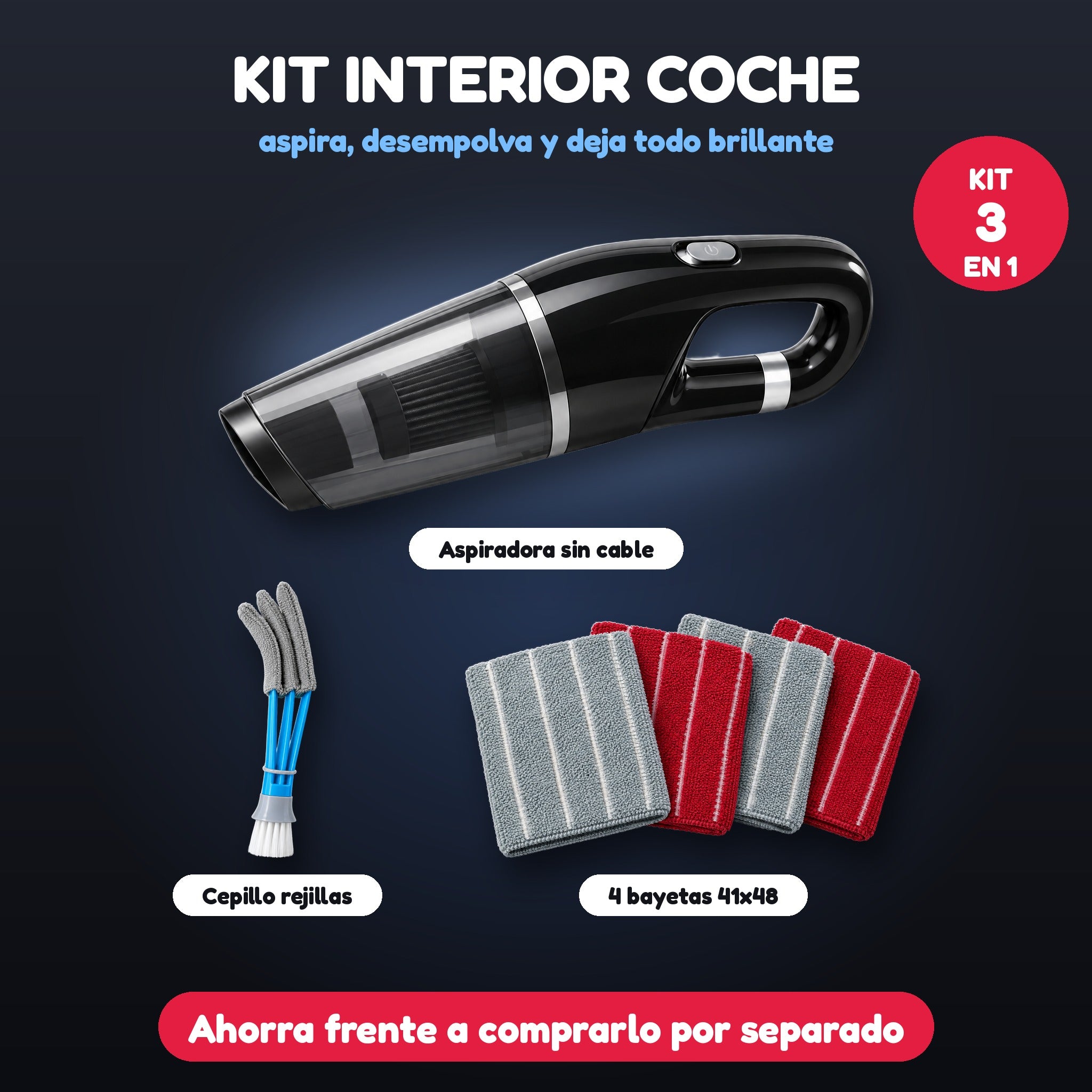 Kit interior coche: aspiradora, cepillo rejillas y bayetas