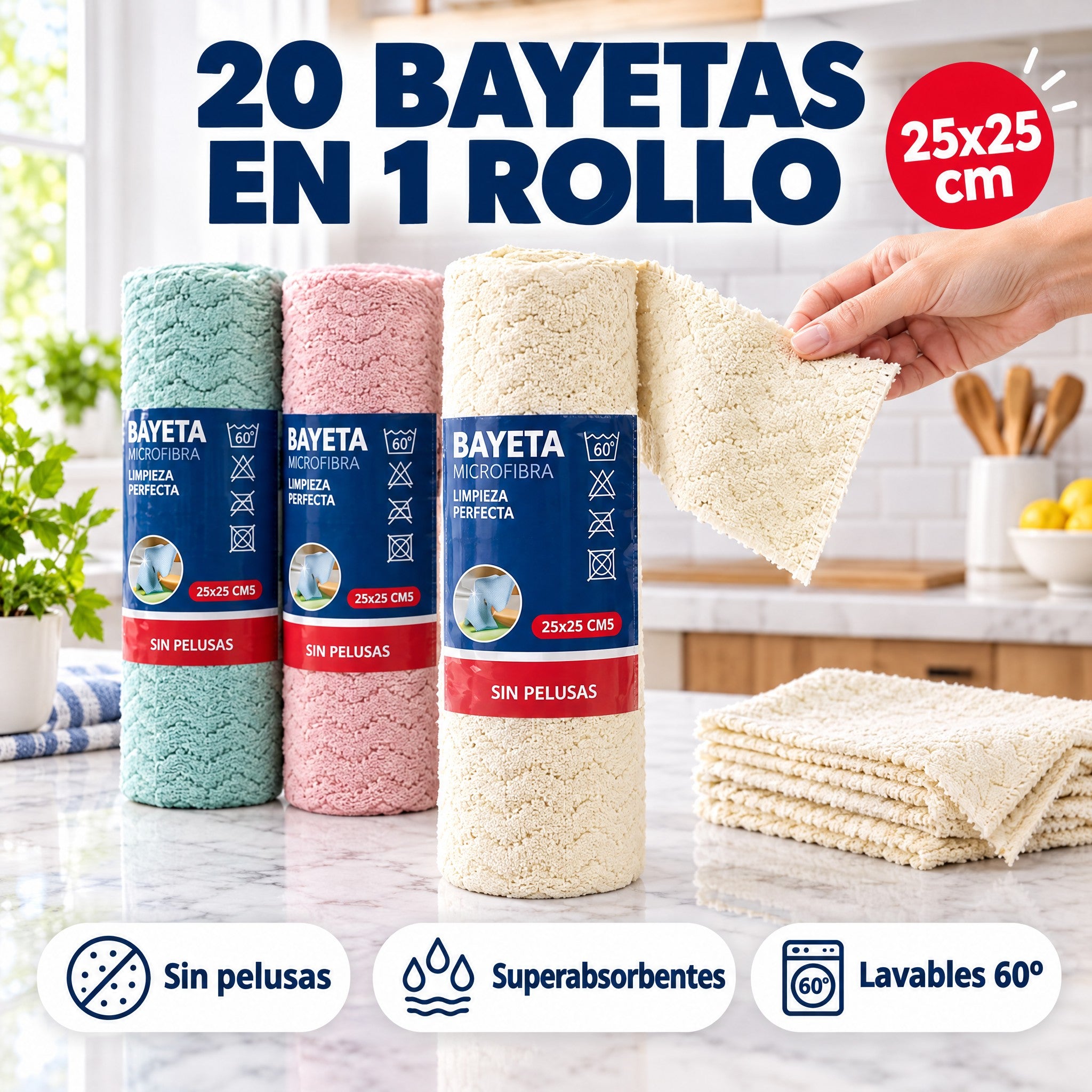 Rollo de 20 bayetas de microfibra 25x25 cm