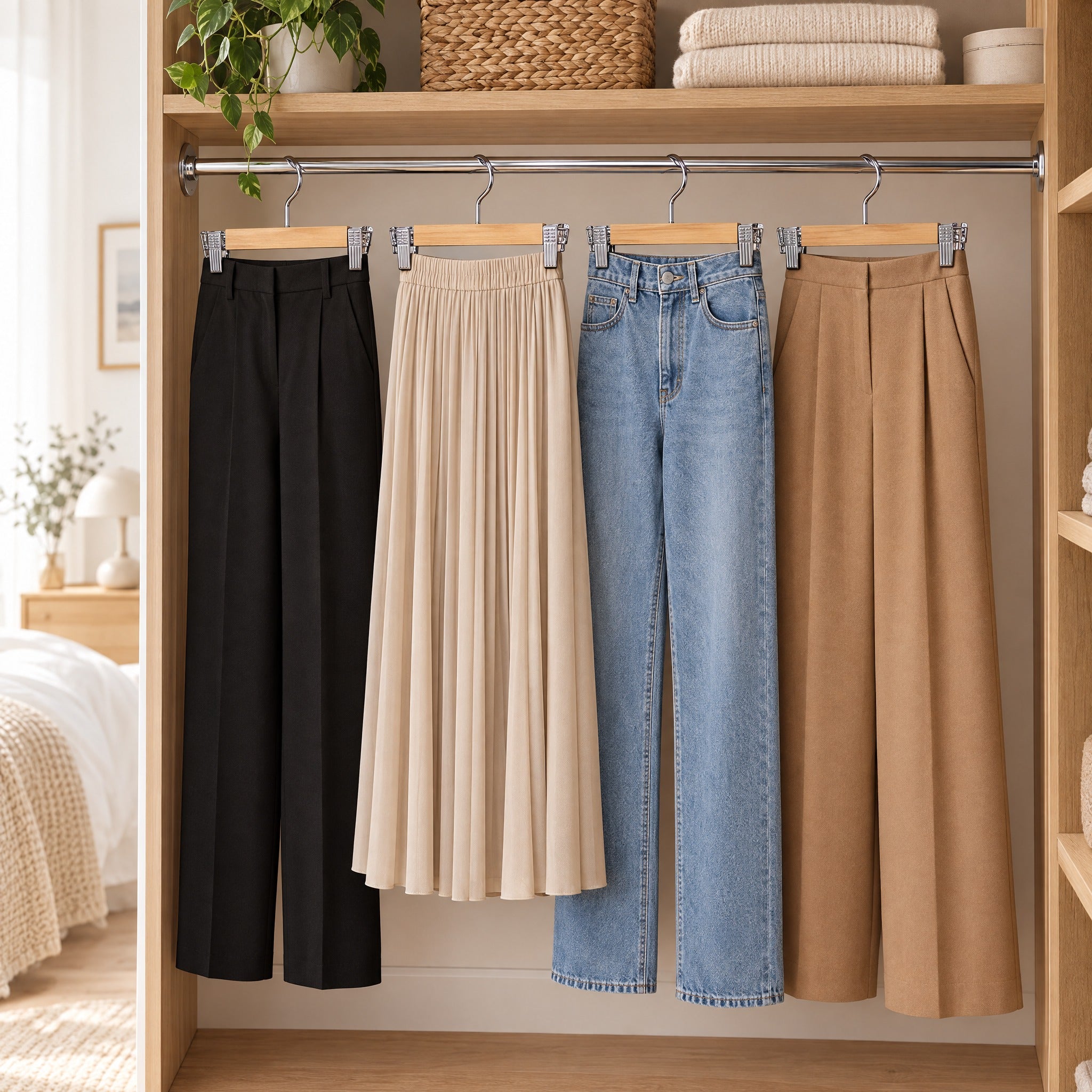 Perchas con pinzas en armario con faldas y pantalones